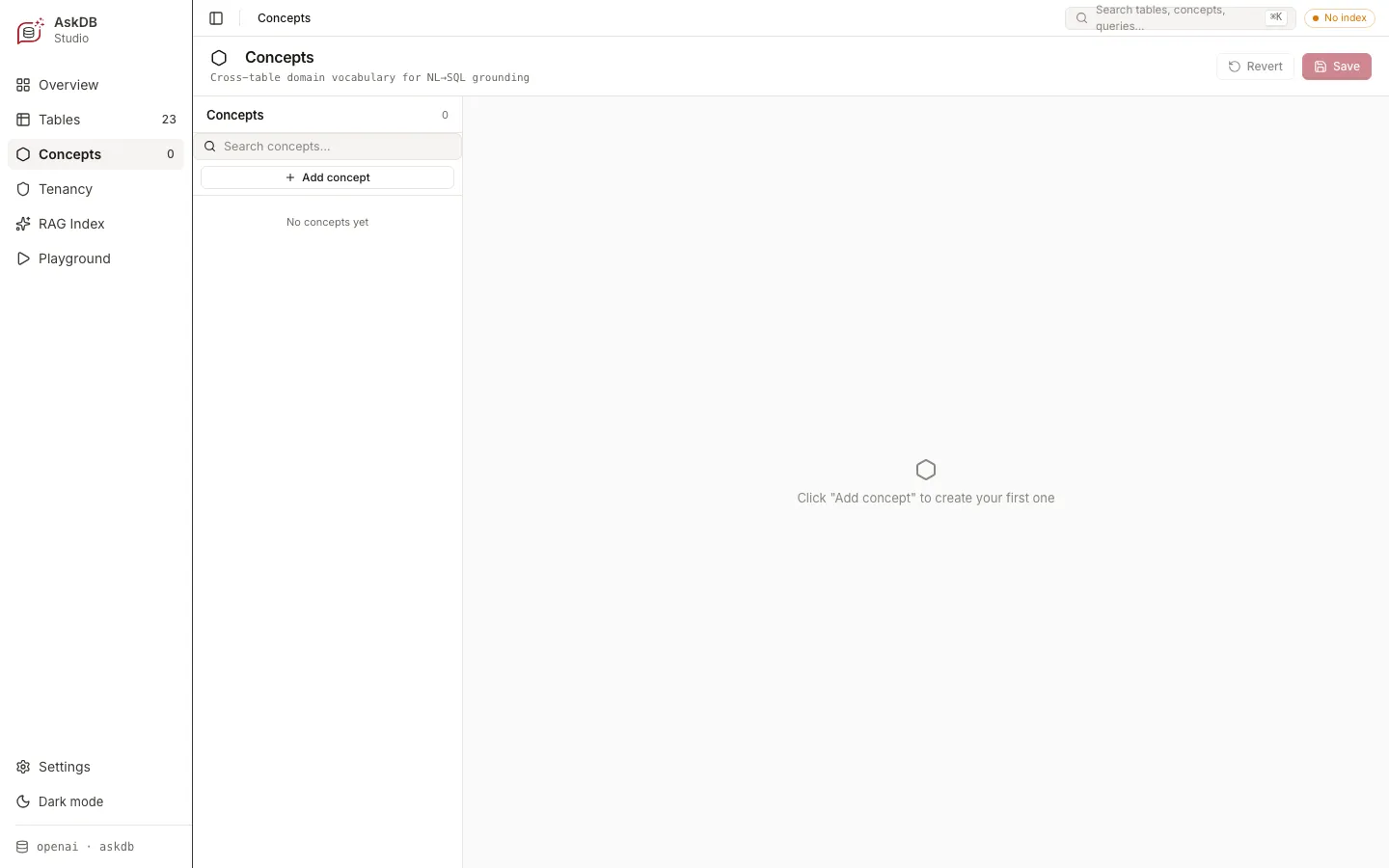 The Concepts view with an empty list and an Add concept button