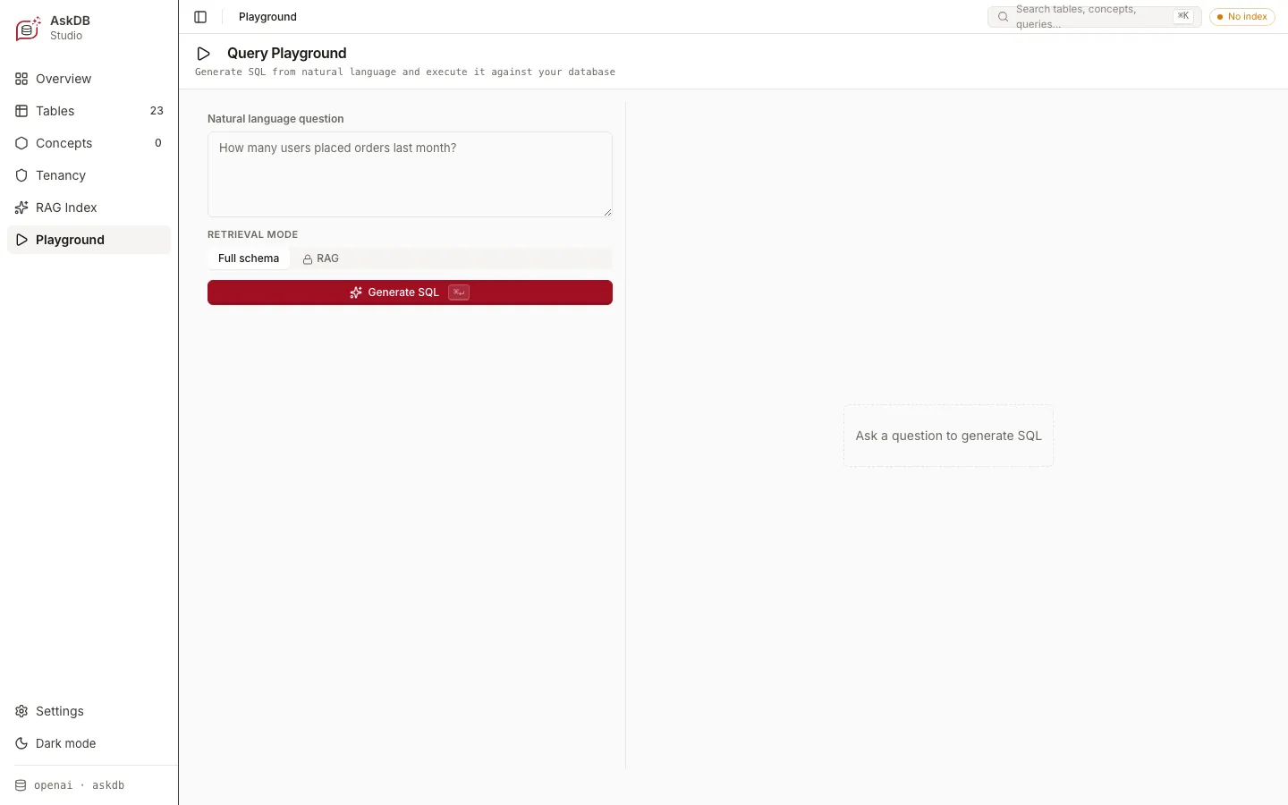 The Query Playground with a natural-language input field and a Generate SQL button