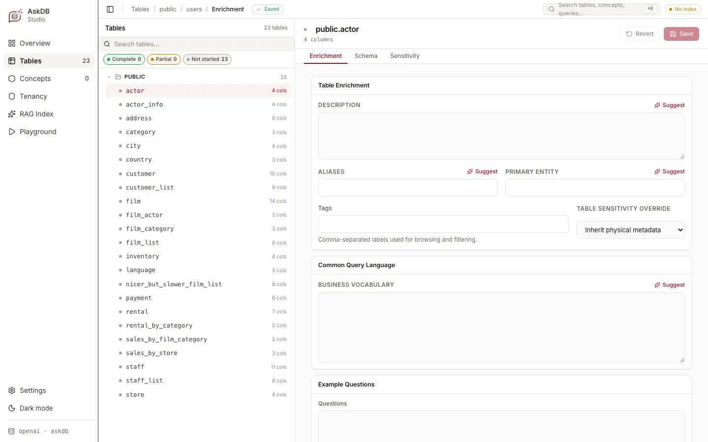 The Tables view showing a table list on the left and the Enrichment tab on the right with description, aliases, and common query language fields